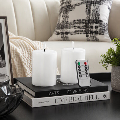 Set Of 2 White LED Candles With Wick And Remote Control Timer, 3X4"