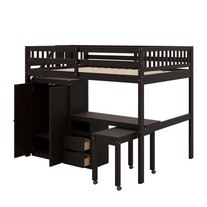 Lit mezzanine double avec tiroirs, bureau et garde-robe, Espresso
