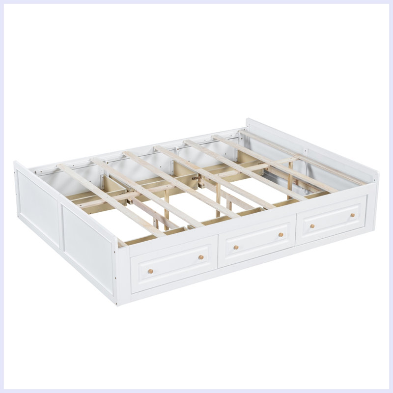 Structure de lit plateforme en bois avec 6 tiroirs, Blanc