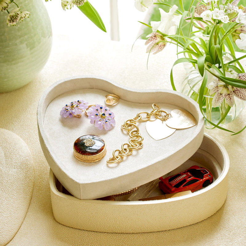 Cream Heart Shagreen and Wood Jewelry Box