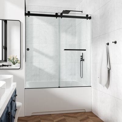 Porte de baignoire coulissante double sans cadre de 56 à 60 po x H 66 po avec verre trempé transparent de 3/8 po (10 mm), film incassable et localisateur de trous d'installation