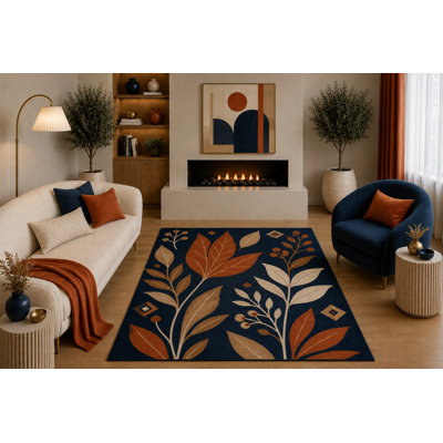 Tapis à motif de feuilles botaniques 5 pi x 7 pi «Ultra Léger» bleu marine rouille beige à motif floral moderne pour le salon, la chambre à coucher, la salle à manger, le tapis en silicone antidérapant
