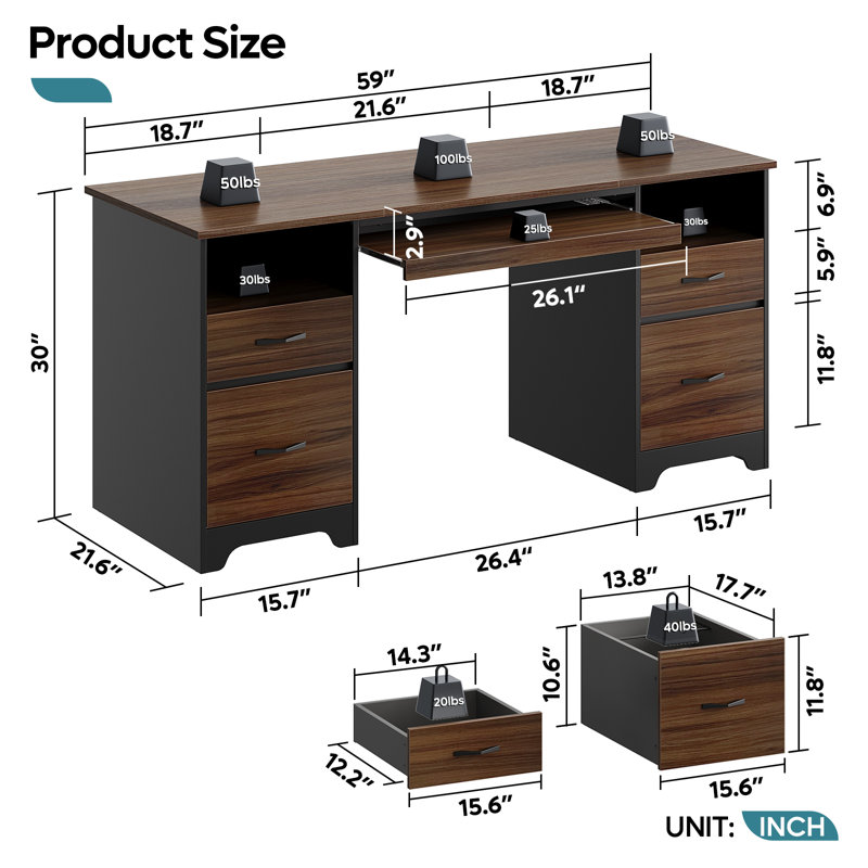 Luing 59'' Executive Desk with 2 File and Storage Drawers, Computer Writing Desk with Keyboard Tray and 2 Open Compartments for Home Office