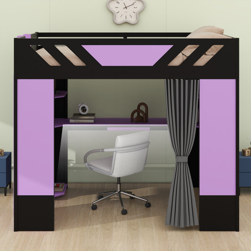 Élégante base de lit en bois avec bureau, tablettes de rangement, rideaux occultants et lumières RVB, Noir et mauve