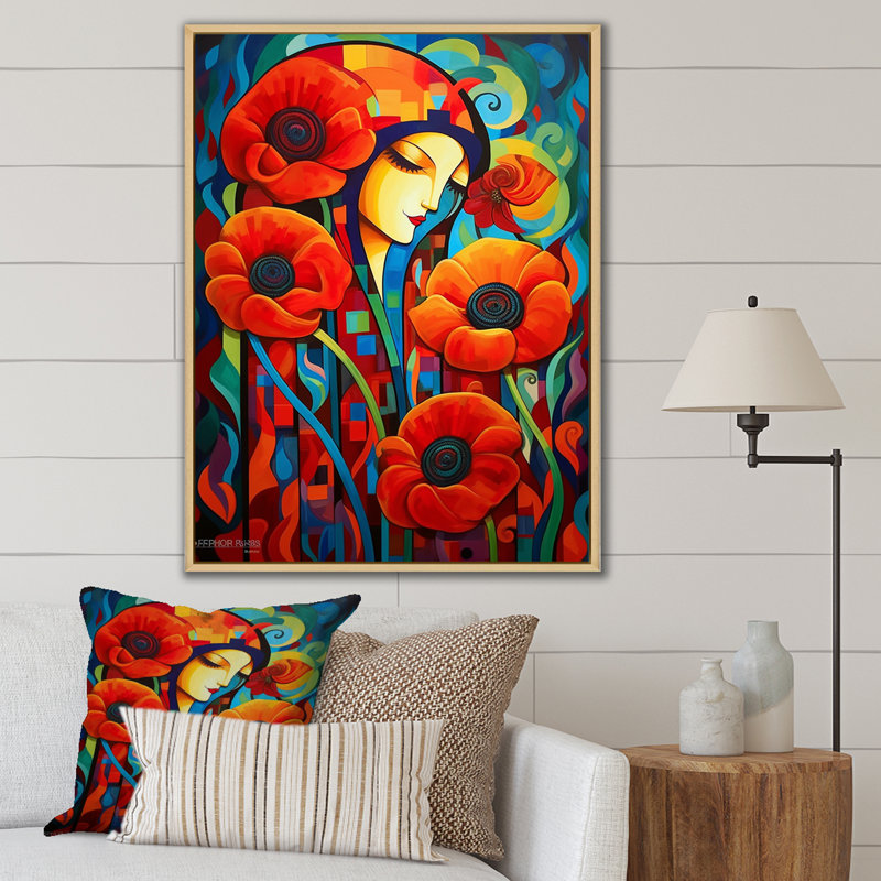 «Couple Portrait Blossoming Retro Red Poppies», reproduction sur toile, H 40 po x l 30 po x P 1,5 po, Cadre naturel flottant