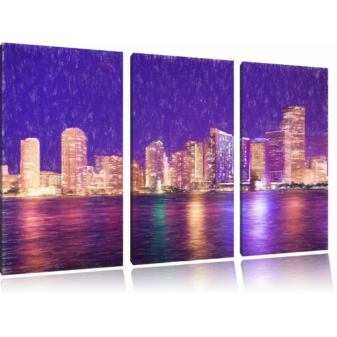 3-tlg. Leinwandbilder-Set „Schöne Nacht-Szene Skyline von Miami Florida“, Grafikdruck