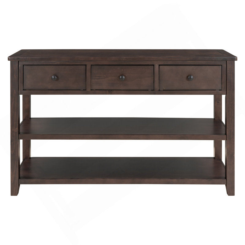 Console rétro avec deux tablettes ouvertes, structure en bois de pin massif et pieds pour le salon (espresso), Espresso