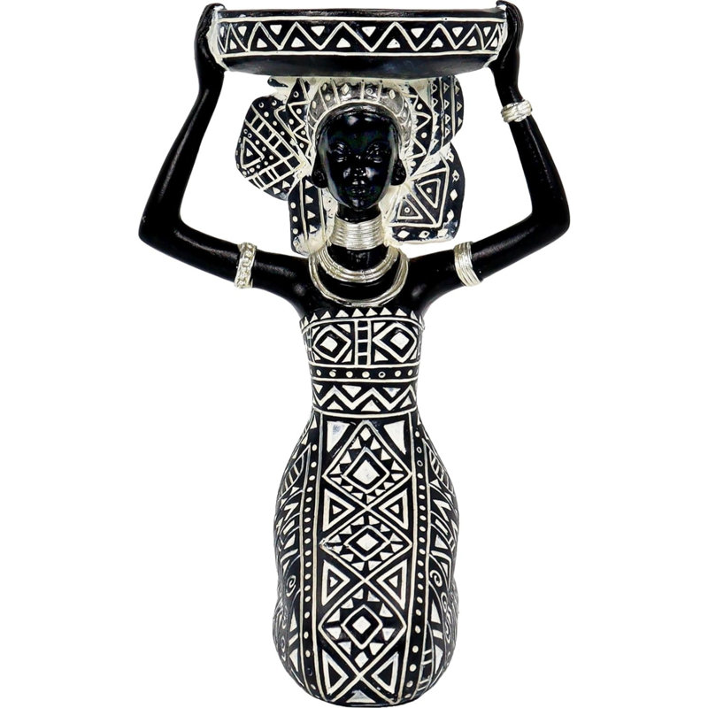 African Lady Figurine Candle Holder With Tribal Totem – Black Polyresin Statue