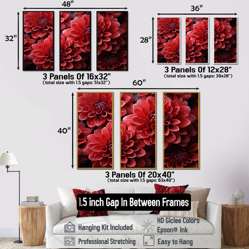 Crimson Mums Elegance Blooms - ensemble d'art sur toile Mums, Cadre flottant doré, H 32 po x l 48 po x P 1 po