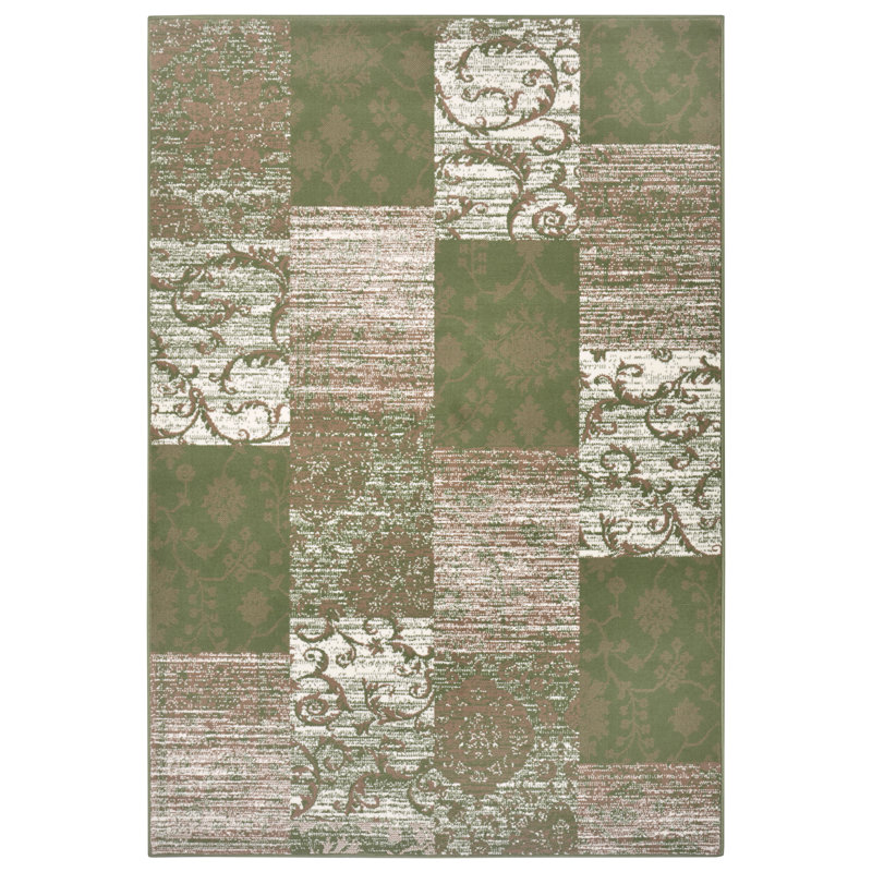 Designer velor rug Bloques in green and cream, Rectangular 120 x 170cm