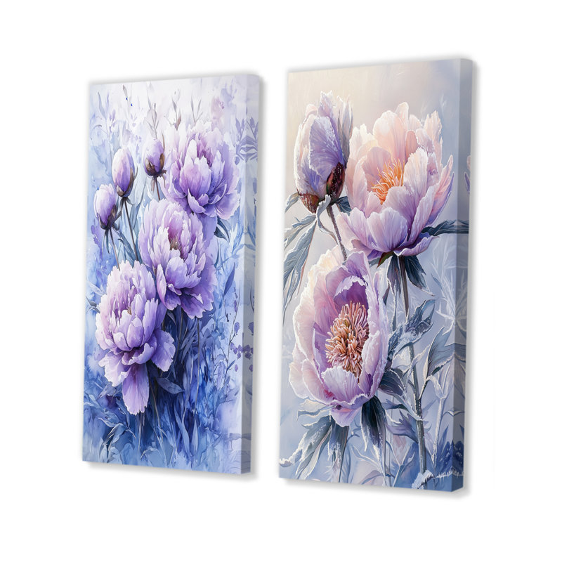 Lavande hivernale pivoines Embrace I - Art mural floral, 2 panneaux, H 28 po x l 25 po, Toile tendue