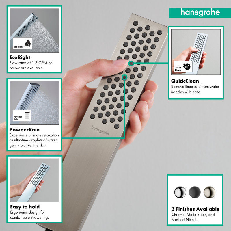 hansgrohe Pulsify E Baton Handshower 100 1-Jet, 2.5 GPM, Brushed Nickel, 2.5 GPM