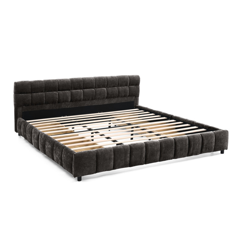 Structure de lit tapissier très grand gris foncé avec tiroir, chenille au design moderne et confortable