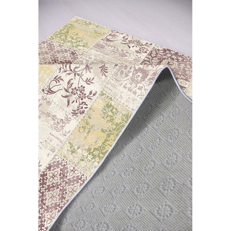 Eco-Friendly Area Rug, 2.6 x 4.0 Feet | 100% Polyester, 650 g/m² | Antibacterial, Non-Slip PVC Dot Underside | Machine Washable, Digital Print in Beige, Damson Red, Yellow & Green | Perfect for Living Room & Bedroom Decor