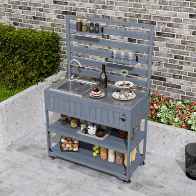 42" Outdoor Potting Bench with Sink, Rolling Grill Cart with Stainless Steel Top and Bottle Opener