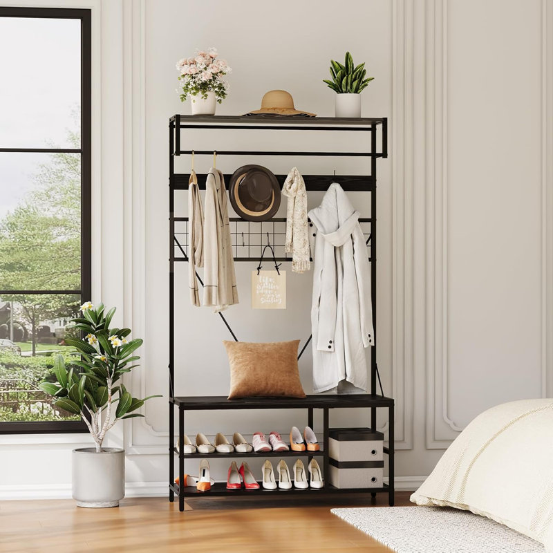 Arbre d'entrée de 39 po de largeur, portemanteau avec rangement pour chaussures, crochets et tablette réglable, noir rétro