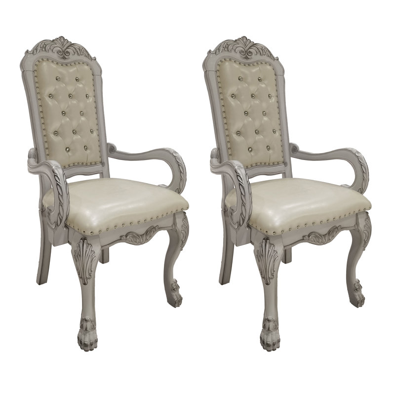 Chaise de salle à manger avec accoudoirs à dossier solide Adison (ensemble de 2), cuir synthétique ivoire et finition blanc os