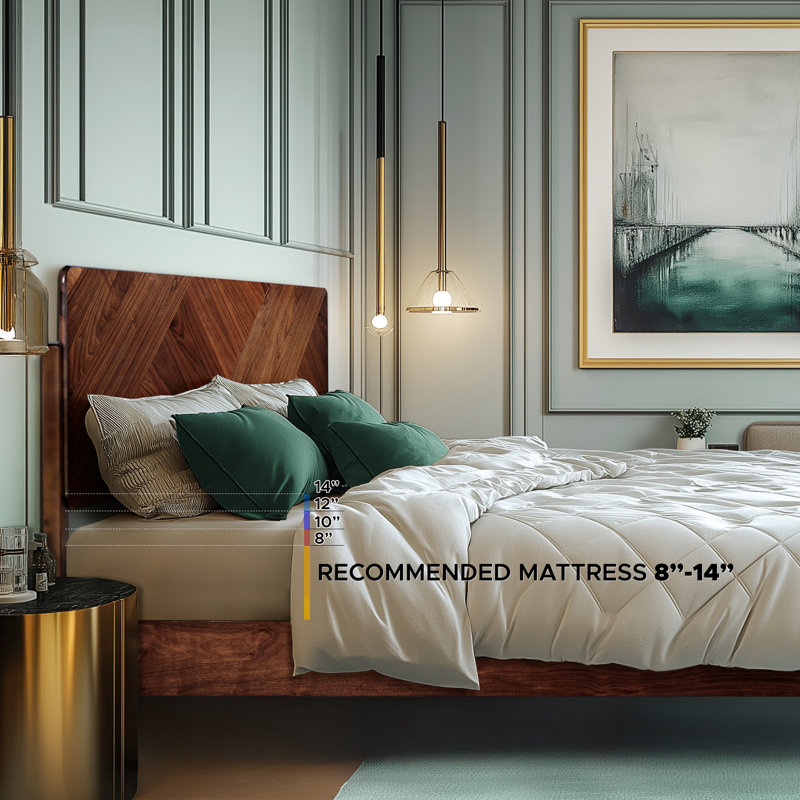 Lit plateforme 100% bois d'acacia massif avec tête de lit et pied de lit Bifrost, design Mid-Century Art déco, aucun sommier requis, support de lattes robuste, résistant aux égratignures et à l'eau