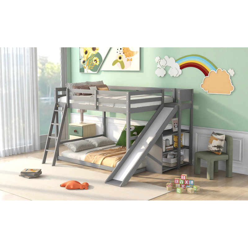 Lit superposé double avec échelle, glissade et tablettes, gris, Grey