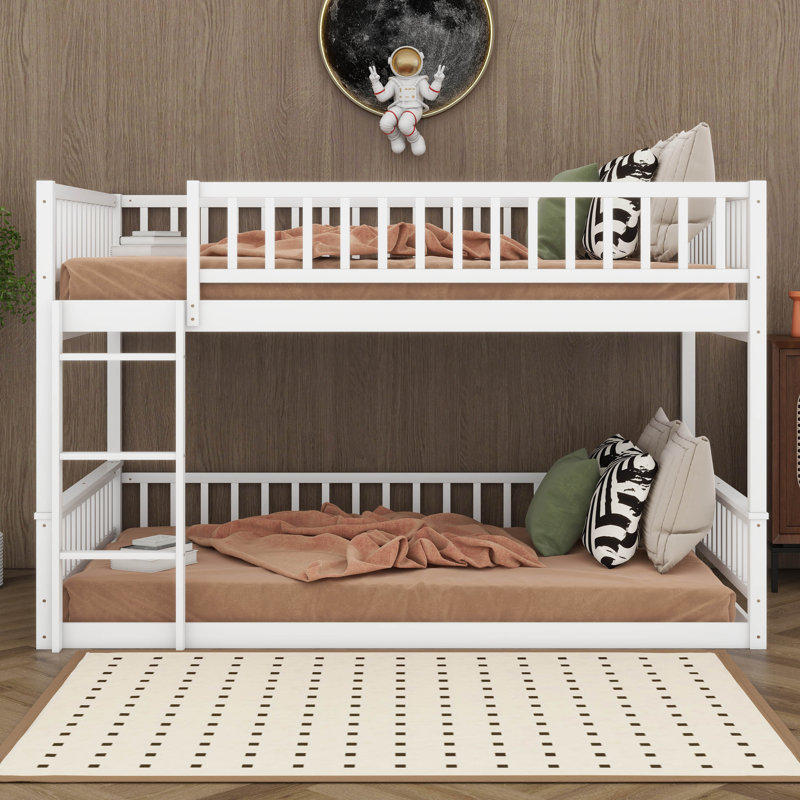 Queen Over Queen Bunk Bed With Ladder And Guardrails, Wood Bedframe With Solid Wood Suppor, Detachable Design, White