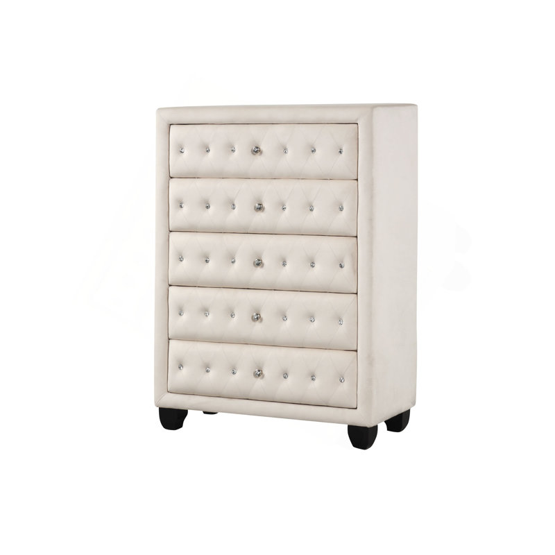Commode capitonnée en cristal de style moderne avec 5 tiroirs et tissu en velours