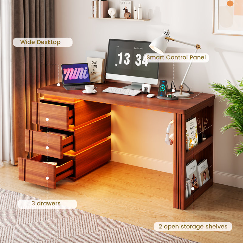 MDF Computer Desk with Built-In Electrical Outlet, Warm Walnut Effect