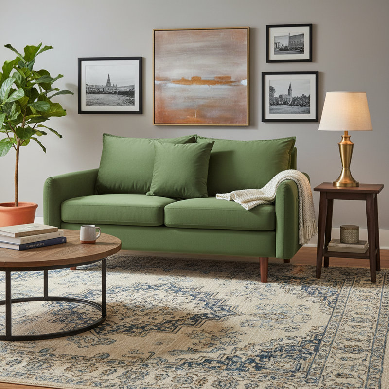  56" Wide Velvet Round Arm Loveseat, Featuring Side Storage Pockets and a Small Square Throw Pillow, Army Green