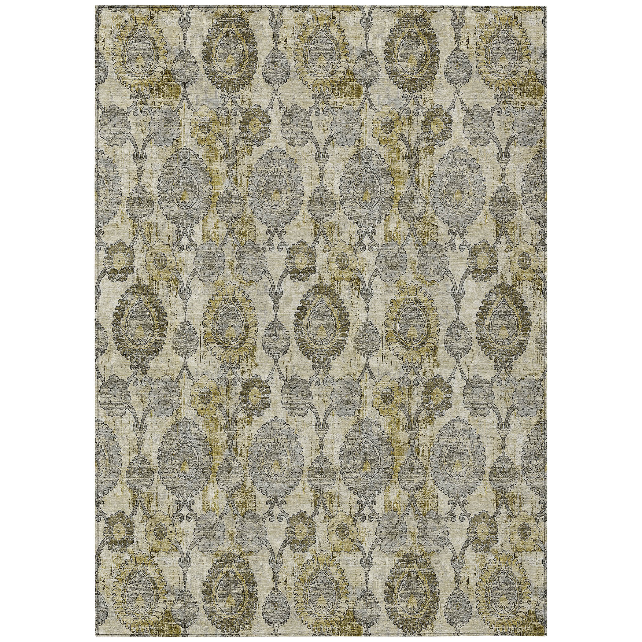 HomeRoots 10' X 14' Beige Damask Washable Indoor Outdoor Area Rug | Wayfair