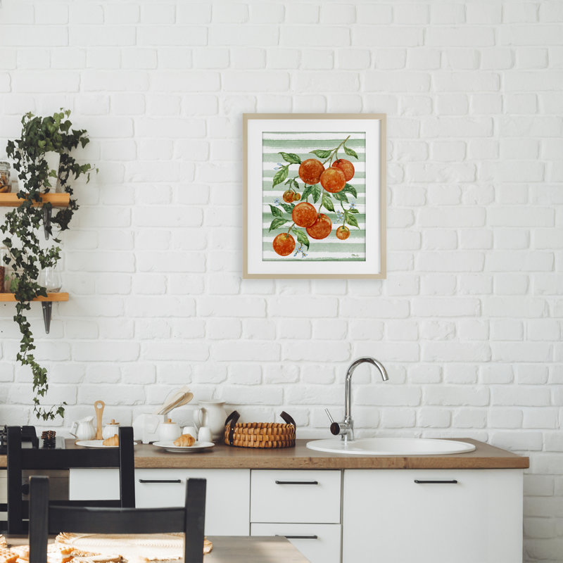 Juicy Orange Vine & Stripes Framed Print Under Glass, design by Paul Brent, Harvest Pine Frame, 16" H x 13" W