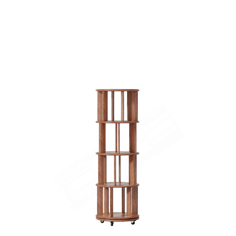 Bibliothèque tournante 100% en bois massif sur roulettes, bibliothèque rotative ronde à 4 niveaux, tour à 360 ° pour livres, étagères à roulettes étroites pour petit espace, coin, chambre à coucher, bureau, noyer