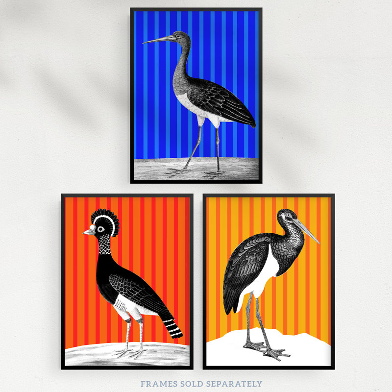 Bird On Striped Blue Yellow Orange Colourful Bright Modern - 3 Piece No Frame Print Set, 29.7cm H x 21cm W x 0.4cm D