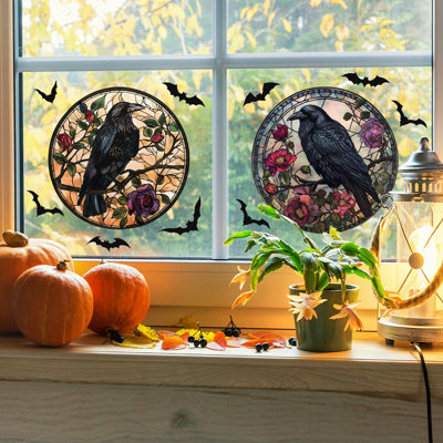 2 Pack Stained Glass Style Raven Window Stickers with Black Bat Decals, Reusable Halloween Static Glass Decor for Home Window Door Indoor Party Decorations