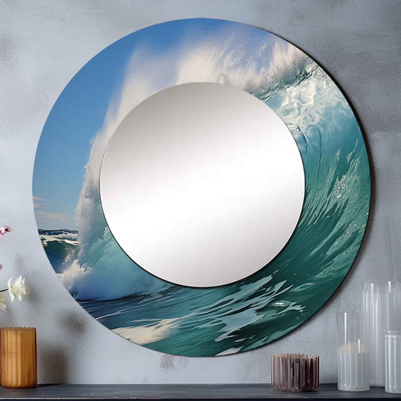 Rikkea turquoise Ocean's Force Unleashed - miroir mural bord de mer, miroir décoratif rond turquoise, impression d'art en métal