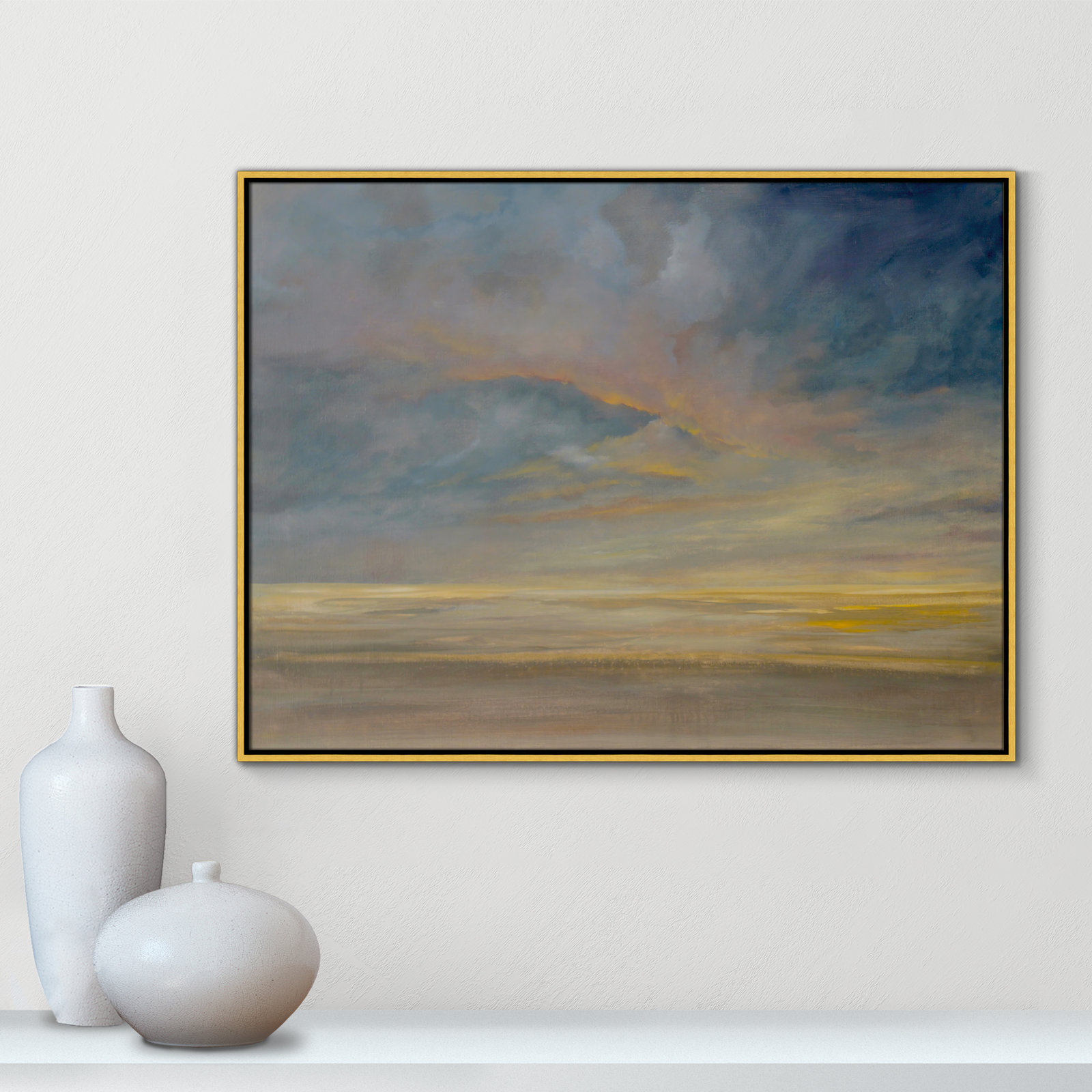 Dawning Unrest - Floater Frame Painting on Canvas, 31.5" H x 41.5" W, Silver