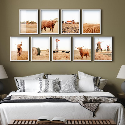 Art mural encadré, ensemble de galerie, maison de campagne, bison, bison, vaches, nature sauvage, photographie, art moderne, rustique, bohème, détente / calme pour le salon, le bureau, la chambre à coucher