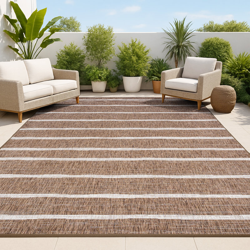 Tapis d'intérieur / extérieur brun / beige à rayures berbères Siegbald, Rectangle 7 pi 9 po x 10 pi