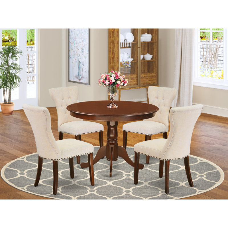 5 Piece Dining Room Furniture Set Includes a Round Dining Table with Pedestal and 4 Light Beige Linen Fabric Parsons Chairs, Mahogany