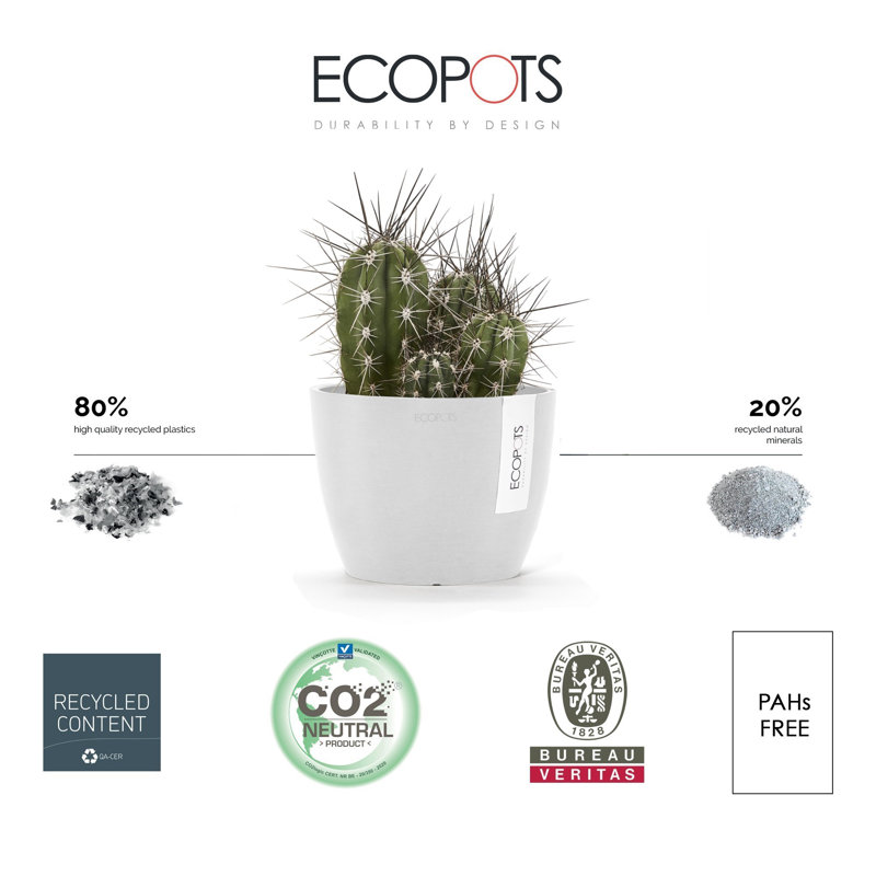 Ecopots Stockholm Indoor/Outdoor Modern Recycled Plastic Flower Pot Planter, Pure White, 5" H x 6" W x 6" D