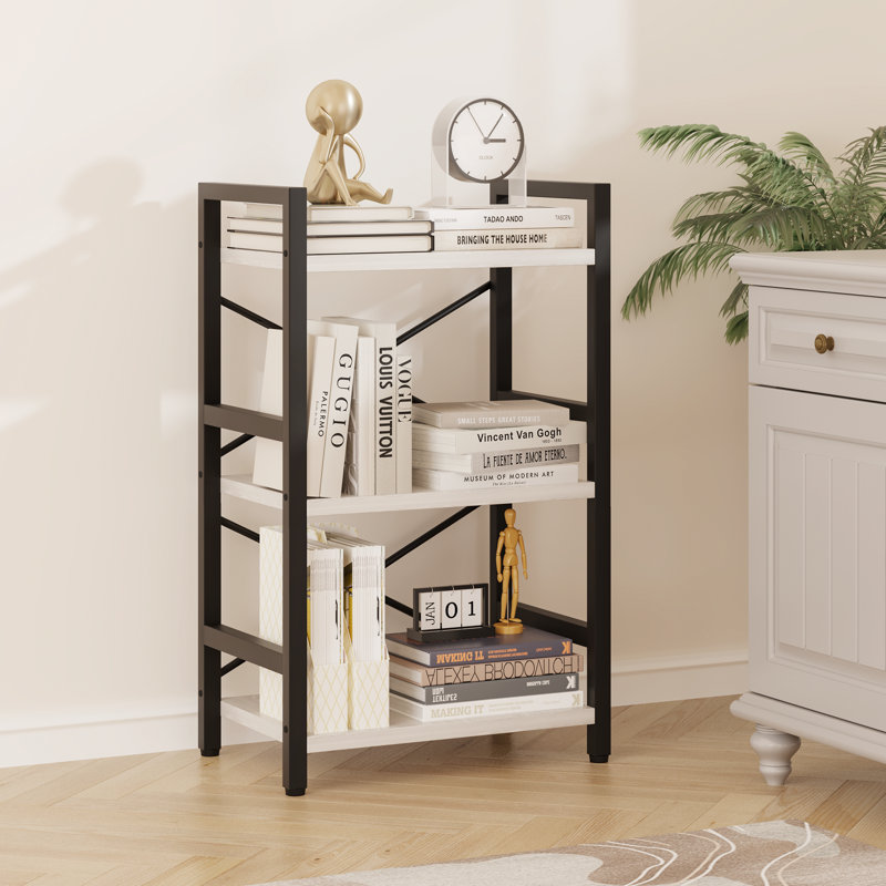3 Tier Bookshelf, 3 Tier Industrial Bookcase, Metal Small Bookcase, Rustic Etagere Book Shelf Storage Organizer for Living Room, Bedroom, and Home Office(Rustic Brown)