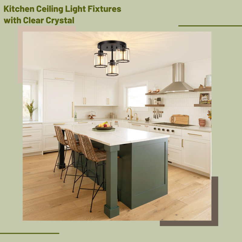 Plafonnier semi-encastré 3 lumières en cristal, plafonniers de cuisine noirs, luminaires de couloir modernes avec abat-jour en cristal transparent, plafonnier près du vestibule de vestibule de chambre à coucher