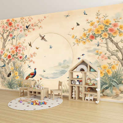 Peel and Stick Wallpaper Vintage Floral Bird Peonies Magnolia Exotic Birds Wall Murals 69"H x 96"W Removable PVC Wall Paper Self-Adhesive Wall Decor for Bedroom Living Room Home Office