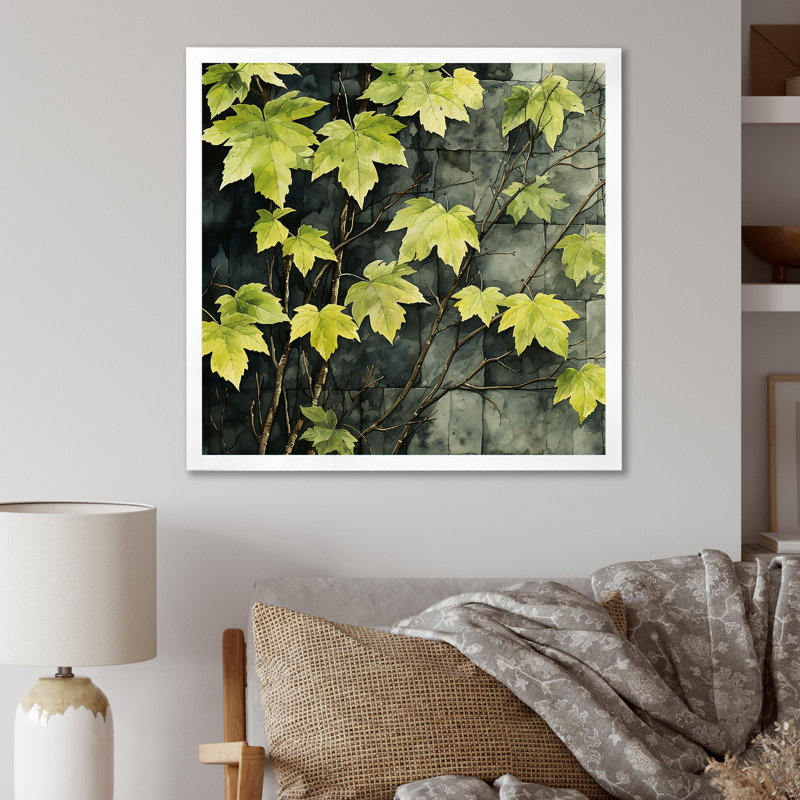 «Green Leaves Vine Minimalist Wall», art mural floral, Blanc, H 16 po x l 16 po
