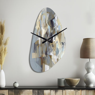 Beige et gris Unounded Creativité III - peinture abstraite, horloge murale en métal de forme unique, horloge murale asymétrique moderne
