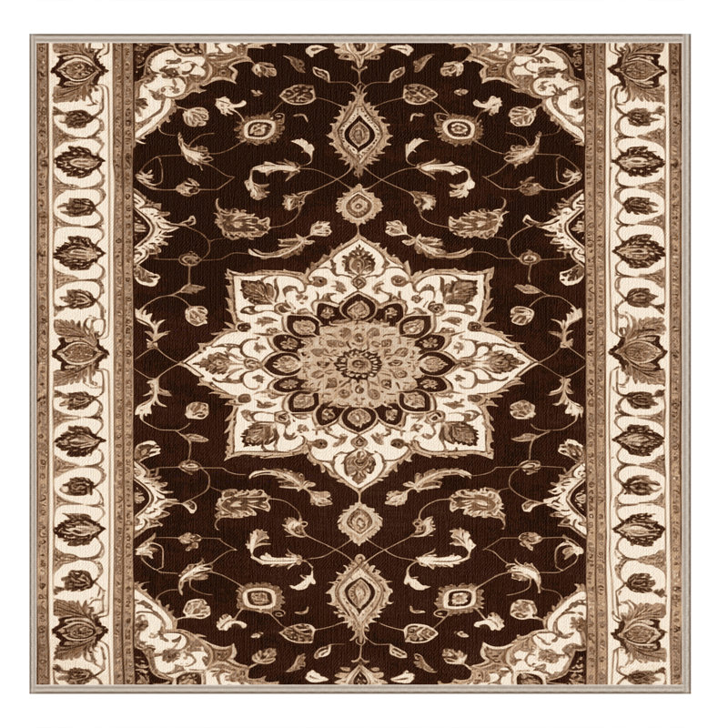 Machine Washable Tabriz Brown Area Rug, Square 4'