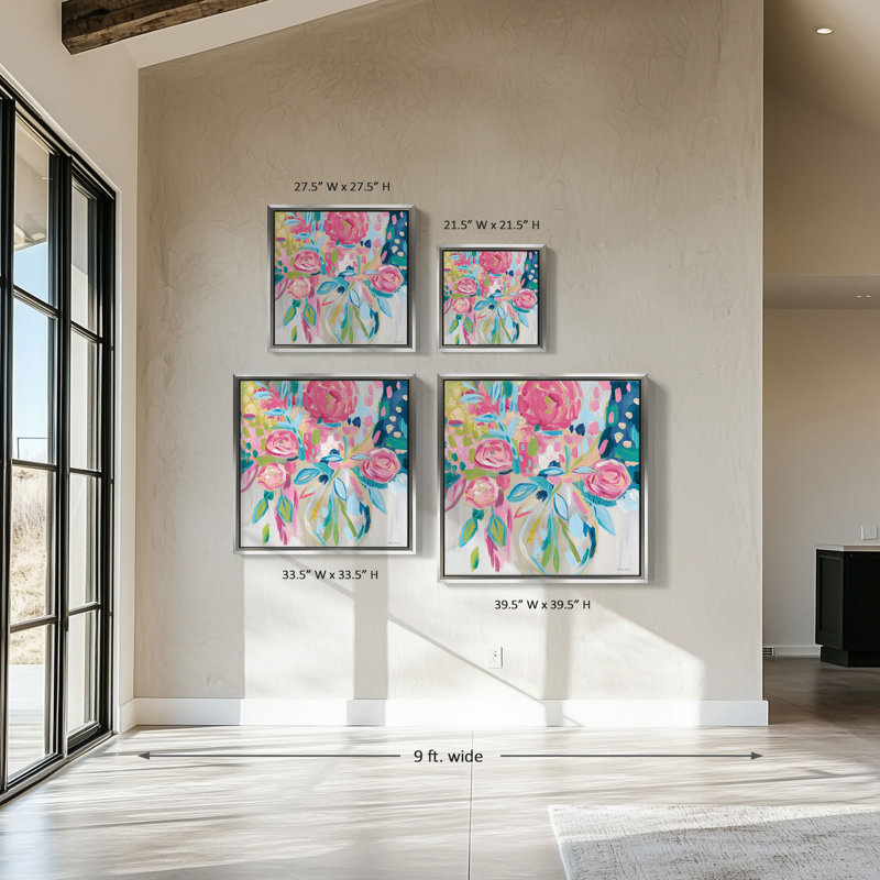 "Summer Pink Floral" par Farida Zaman, reproduction sur toile dans un cadre flottant, Argent argent, H 39,5 po x l 39,5 po