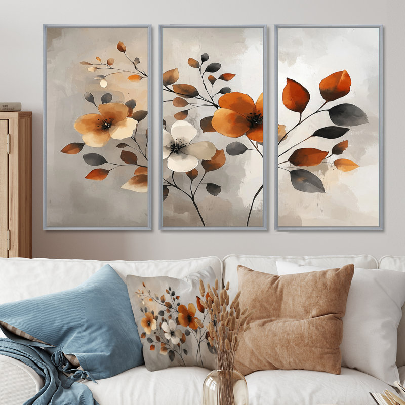 Fleurs de cerisier orange gris botanique VI - ensemble de reproductions d'art mural cerisier en fleurs