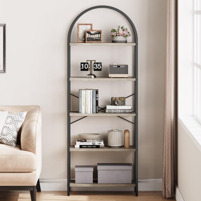 5-Tier Tall Bookshelf with Arched Top, Metal Frame & Wood Finish, Farmhouse Industrial Display Rack