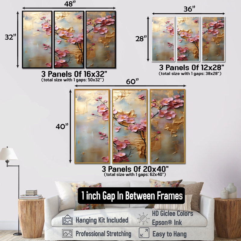 Orchidées roses sur or rétro - ensemble de décoration murale orchidée, Cadre flottant doré, H 28 po x l 36 po x P 1 po