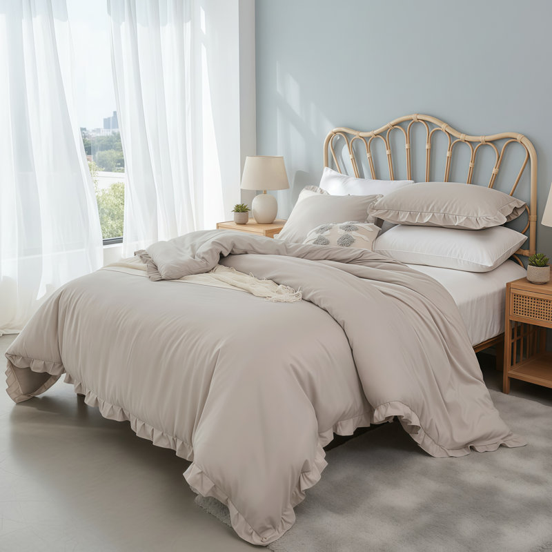Adult Bedroom Three-Piece Bedding Set, Queen Size, Oatmeal-Colored Ruffled Duvet Cover, Suitable For All Seasons., Oatmeal