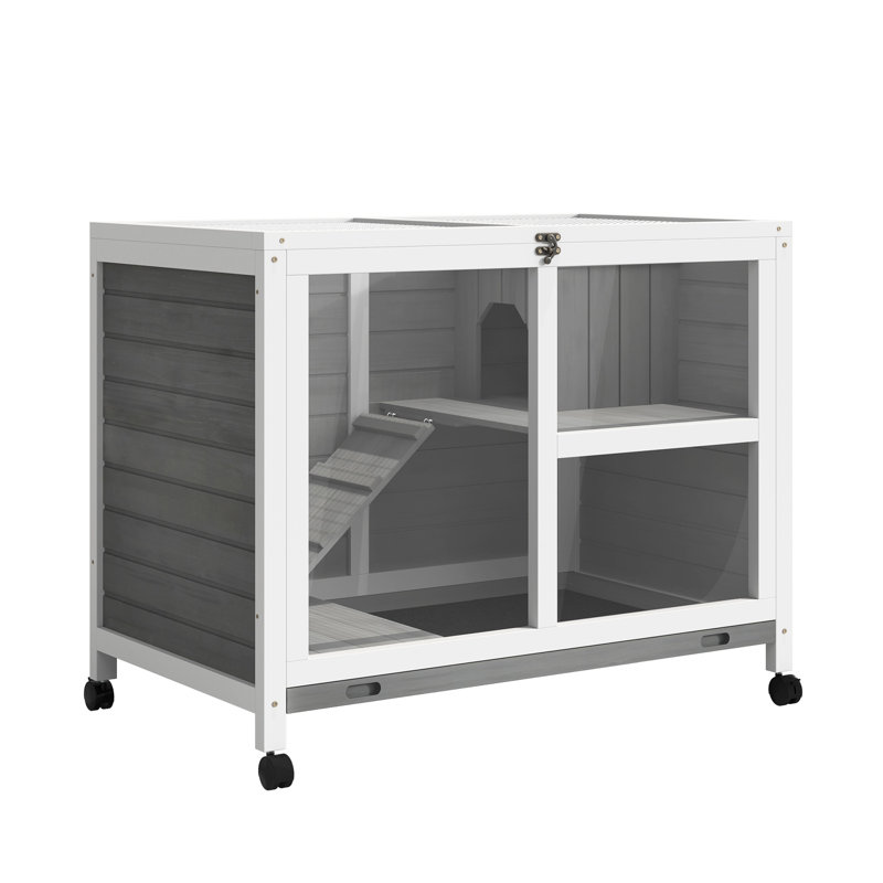 Cage à roulettes grise avec roulettes - Dimensions du bureau et de la table d'appoint. Bois imperméable pour 1 ou 2 lapins nains. 36 po de longueur x 21 po de largeur et 28,75 po de hauteur. Plateau à fuites compact et étanche